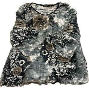 Notations Floral Ruffle Top Womens XL Gray Black Sequin 3/4 Sleeve Excellent